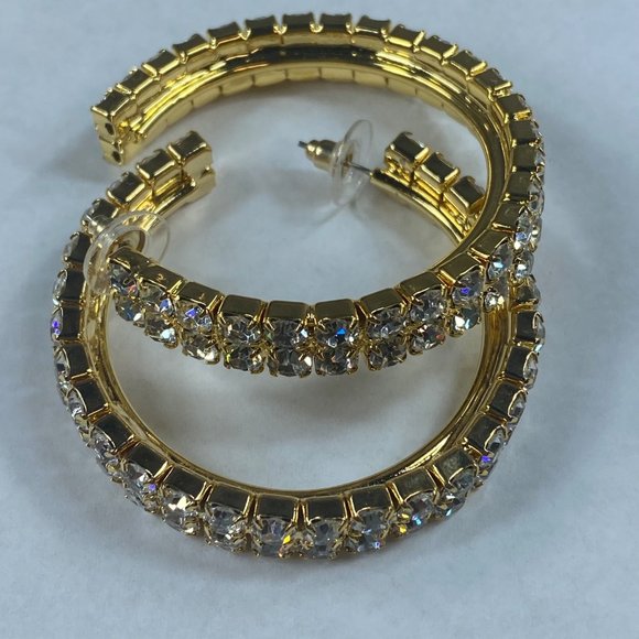 Gold Tone Hoop Rhinestone Pierced Post Earrings Women Sparkle Shine Dress Up - Picture 9 of 16